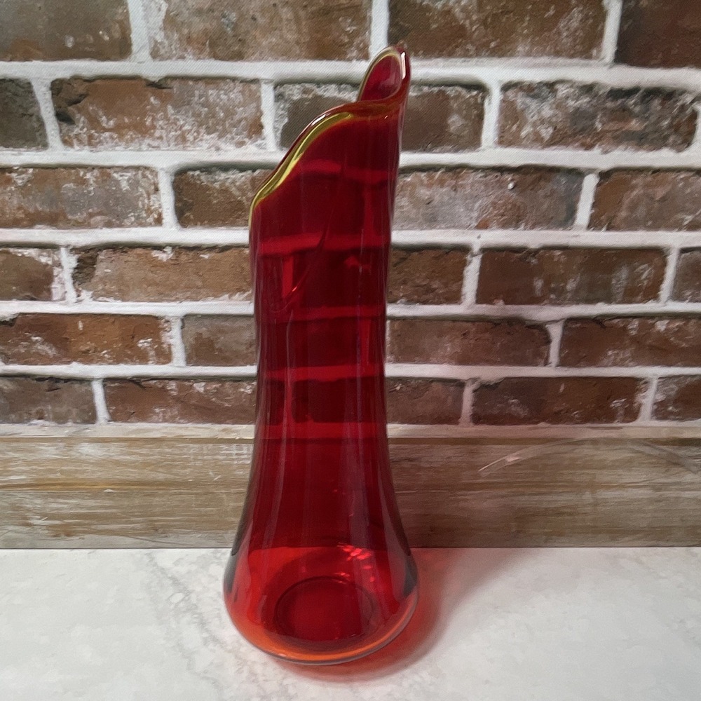 Red Art Glass Vase Amber Ruffled Rim 17" Tall 4" Wide Decorative Centerpiece - Picture 5 of 11